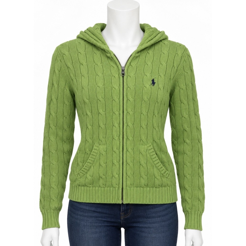 RALPH LAUREN POLO Women's Cable Knit Sweater Hoodie Jacket Green Pistachio Small